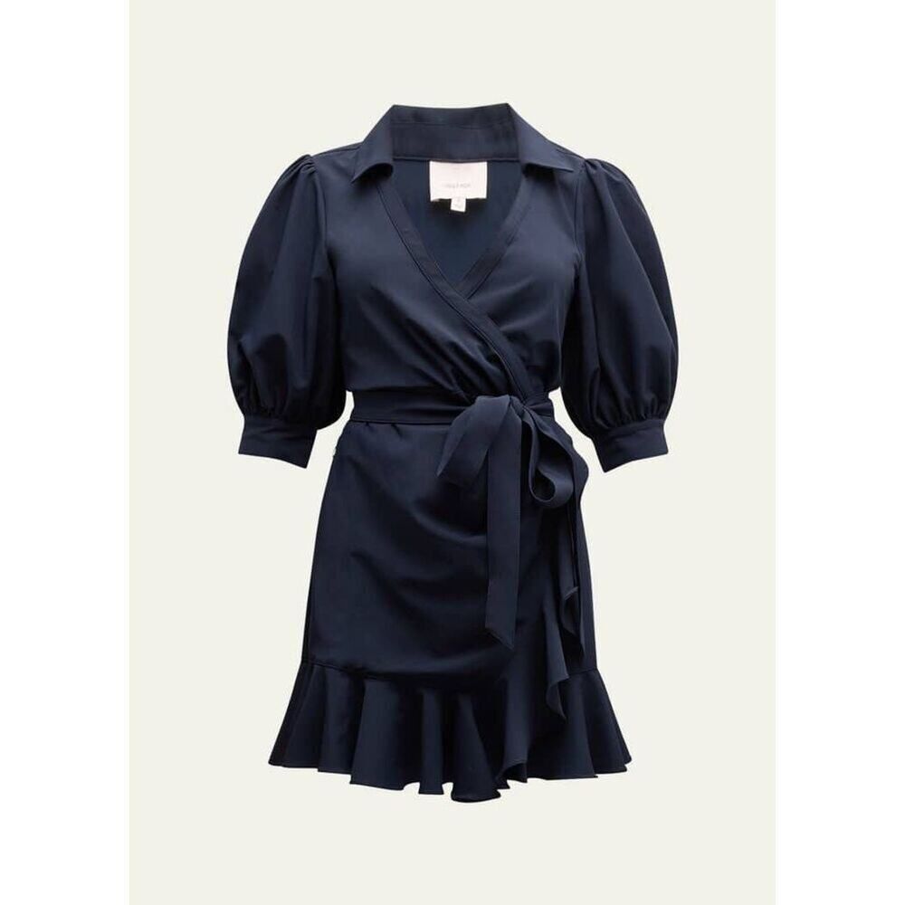 Cinq Sept Women's Navy Vickie Puff-Sleeve Ruffled Mini Wrap Dress Size 10 Nwot